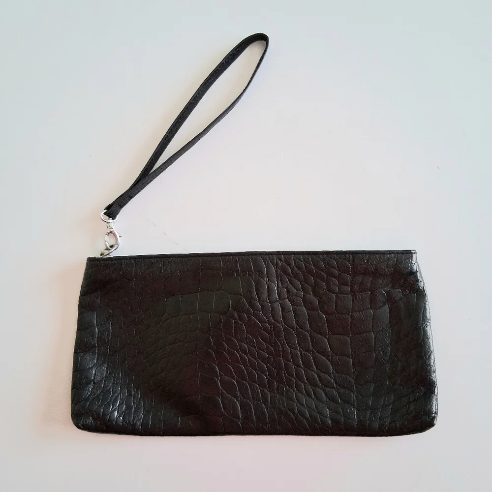 Lodis Crocodile Embossed Leather Wristlet Clutch Black